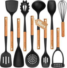 Large Silicone Cooking Utensils Set, 10Pcs Nonstick Kitchen Utensil Set with Wooden Handle, Heat Resistant Silicone Utensils for Cooking