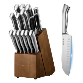 VEVOR Kitchen Knife Set with Block and Sharpener, 15 Piece German High Carbon Stainless Steel Sharp Knife Set, Kitchen Cutlery with Ergonomic Han